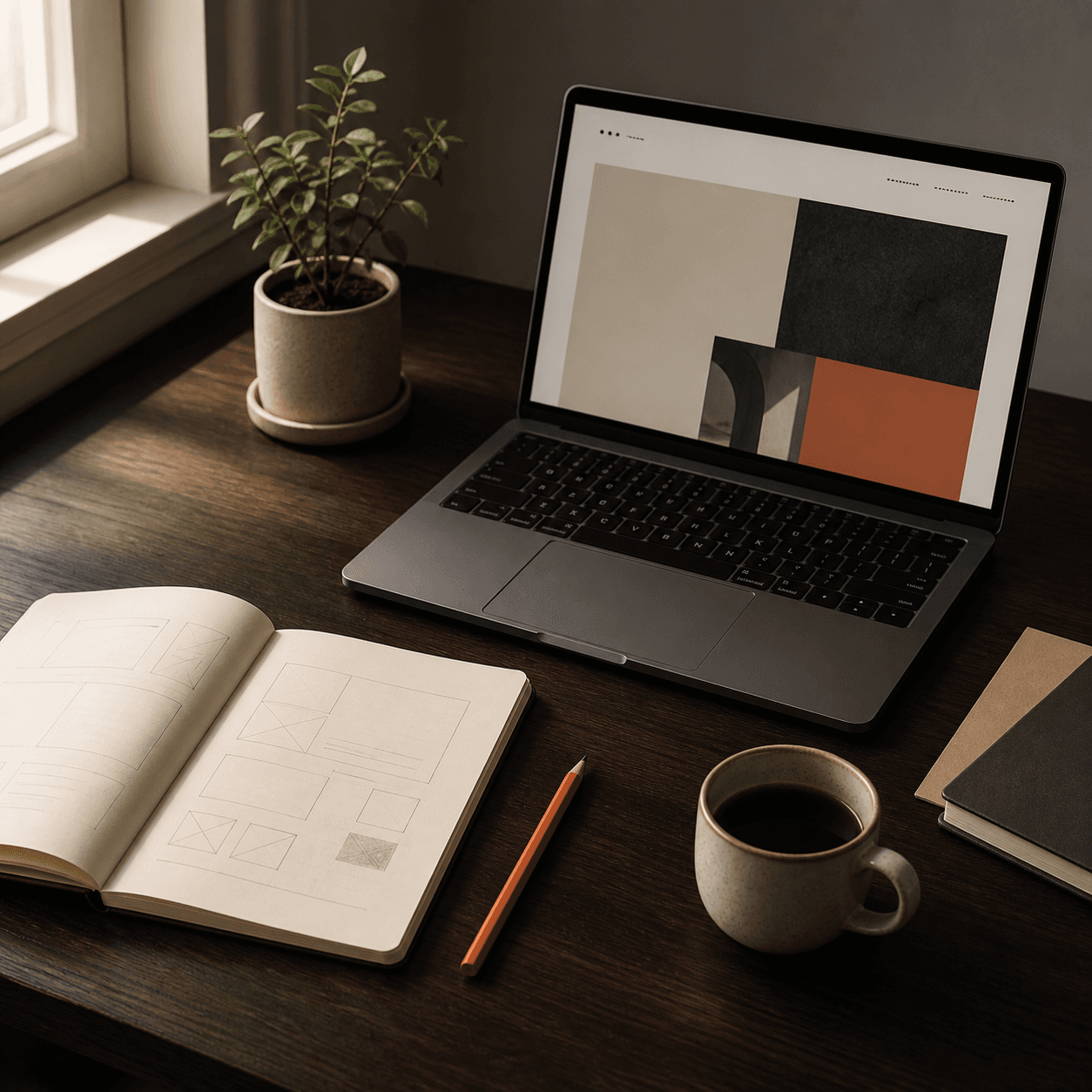 Espacio de trabajo de diseño web con portátil y bocetos